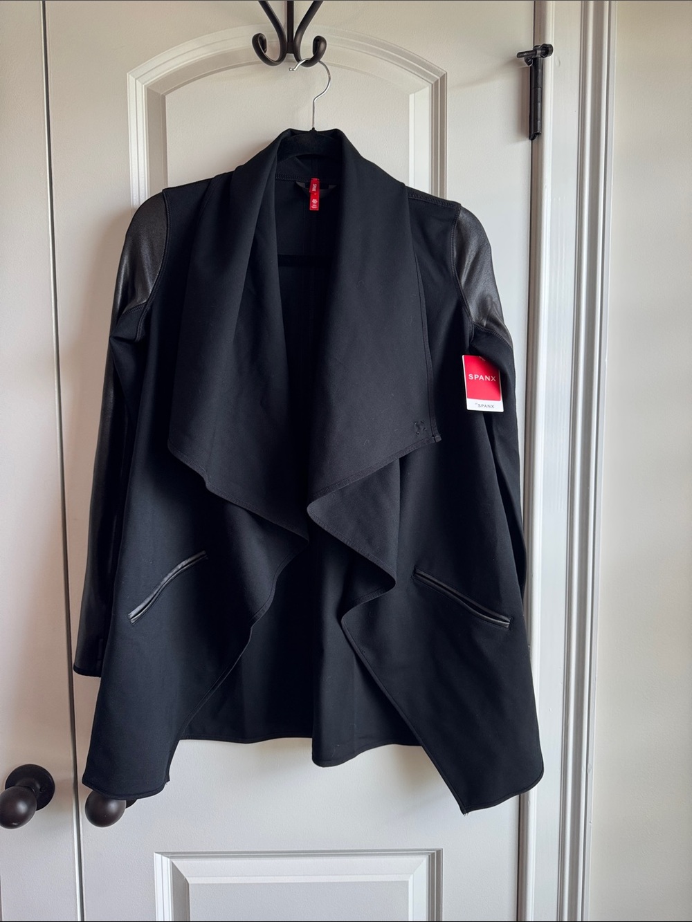 SPANX Black Open-Front Draped Blazer with Faux Leather Sleeves